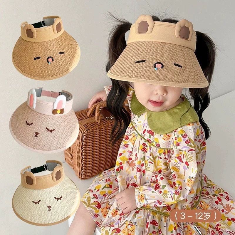 夏季儿童草编空顶遮阳帽女卡通可爱宝宝大帽檐防晒帽户外太阳帽子