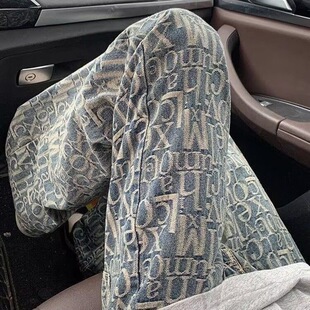 巴黎满印提花牛仔裤男春季小众设计感裤子美式高街vibe直筒微喇裤