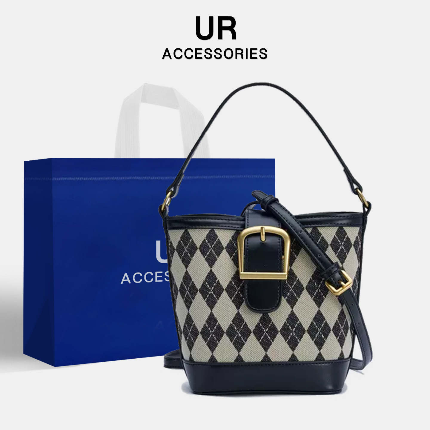 【旗舰店】设计感时尚菱格水桶包