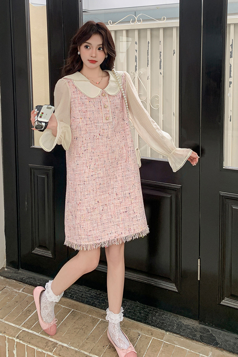 高腰格子纯色娃娃领套头连衣裙辣妈长袖古风欧美风蕾丝春秋气质,女装连衣裙,2C120