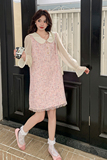 高腰格子纯色娃娃领套头连衣裙辣妈长袖古风欧美风蕾丝春秋气质，女装连衣裙，2C120