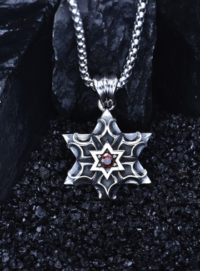 S925纯银复古手工六芒星吊坠男女时尚个性情侣潮流百搭款吊坠