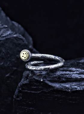 925纯银朋克风格潮牌涂鸦精工笑脸钉子开口戒指男女款食指环情侣