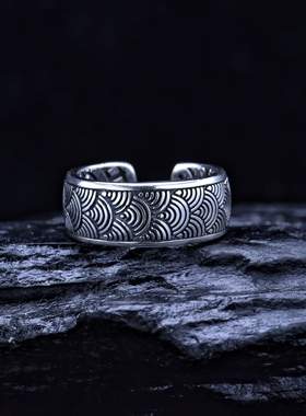 925纯银海浪花纹戒指泰银做旧小众设计感开口指环男士单身食指戒