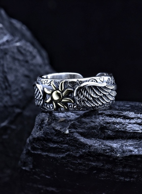 太阳花羽毛精工指环男士开口可调节高级感小众925纯银戒指男个性
