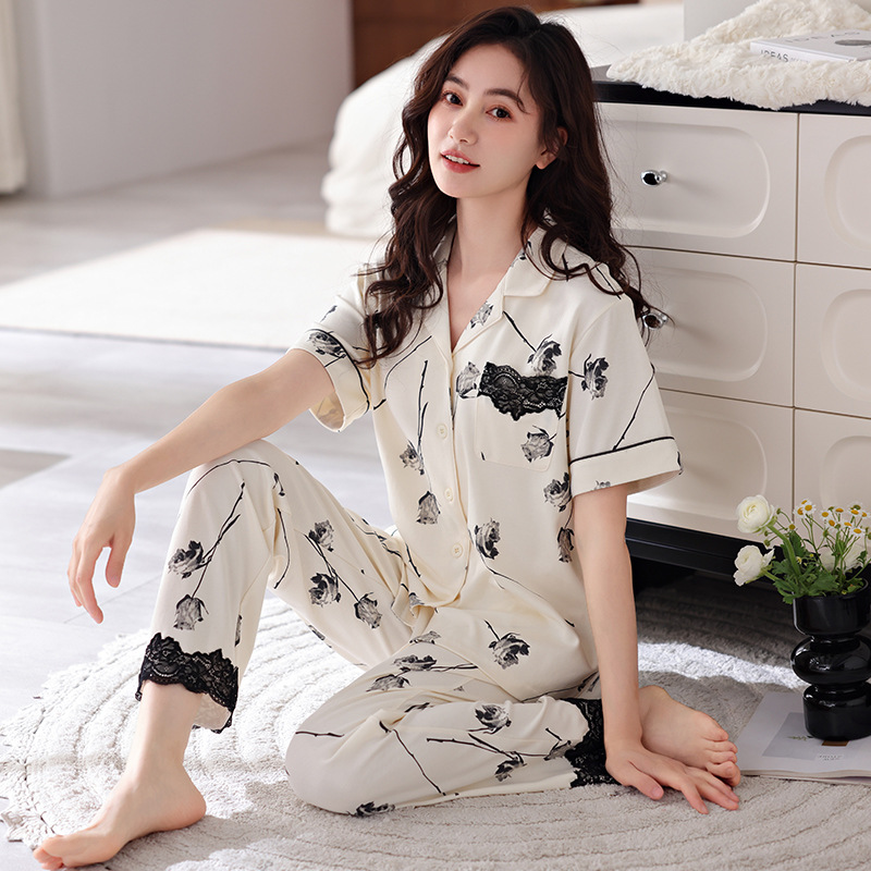 睡衣女夏季纯棉短袖长裤薄款夏天妈妈2025新款家居服套装透气舒适