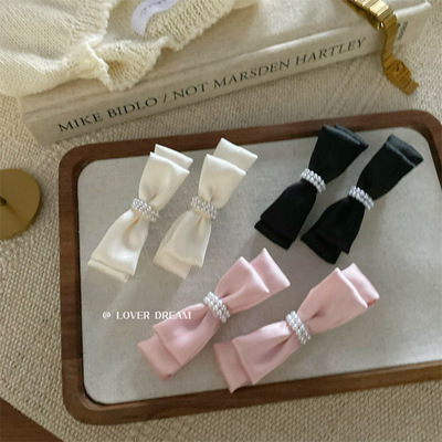 千金风～韩国原版甜美可爱仿珍珠粉色布艺蝴蝶结发夹刘海夹发饰