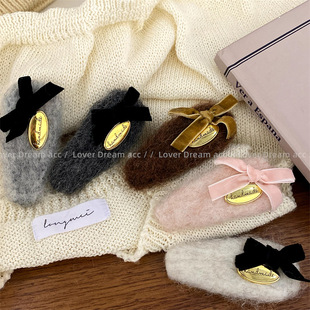 韩国秋冬复古气质新款 金标丝绒蝴蝶结毛绒发夹侧边刘海夹发饰女