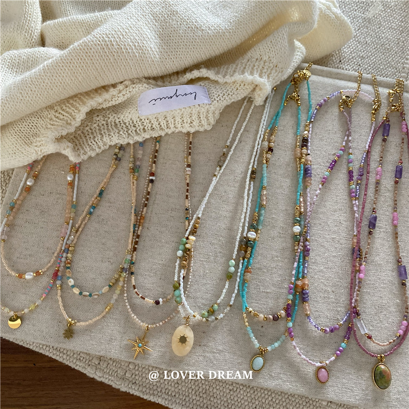 中古风六芒星原版新款彩色石头水晶珍珠串珠项链钛钢锁骨链项饰