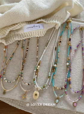 中古风六芒星原版新款彩色石头水晶珍珠串珠项链钛钢锁骨链项饰