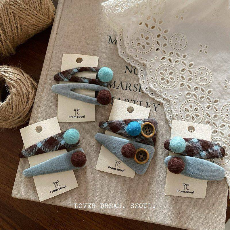 韩国INS新款蓝色格子纽扣发夹套装可爱甜美羊毛毡时尚刘海夹女