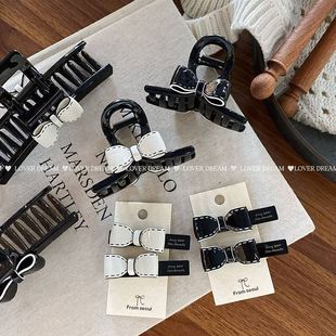 韩国新款高级感黑白蝴蝶结发夹时尚小香风盘发夹抓夹鲨鱼夹发饰