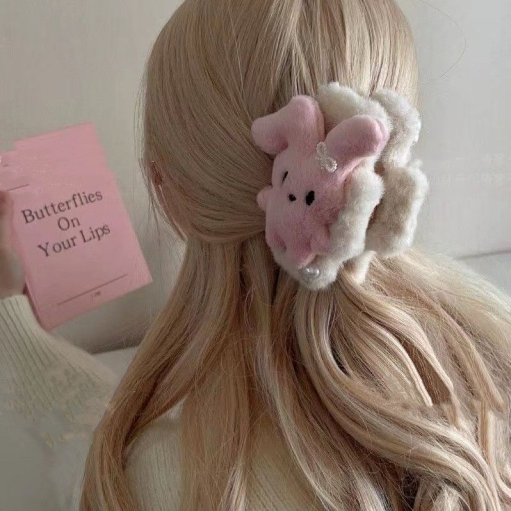 韩版新款少女可爱呆萌卡通粉兔兔发夹bb夹方形大号抓夹发圈蝴蝶结