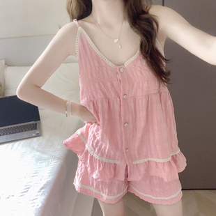 云朵棉甜美高级感蕾丝边家居服套装 新款 带胸垫睡衣女夏季 吊带短裤