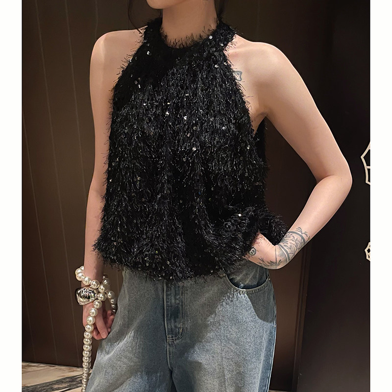 亮片挂脖吊带背心女露肩宽松小心机百搭复古夏季短款内搭打底上衣