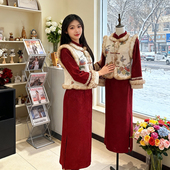 国风拜年服新年战袍 马甲套装 冬季 加绒加厚新中式 红色旗袍2025新款