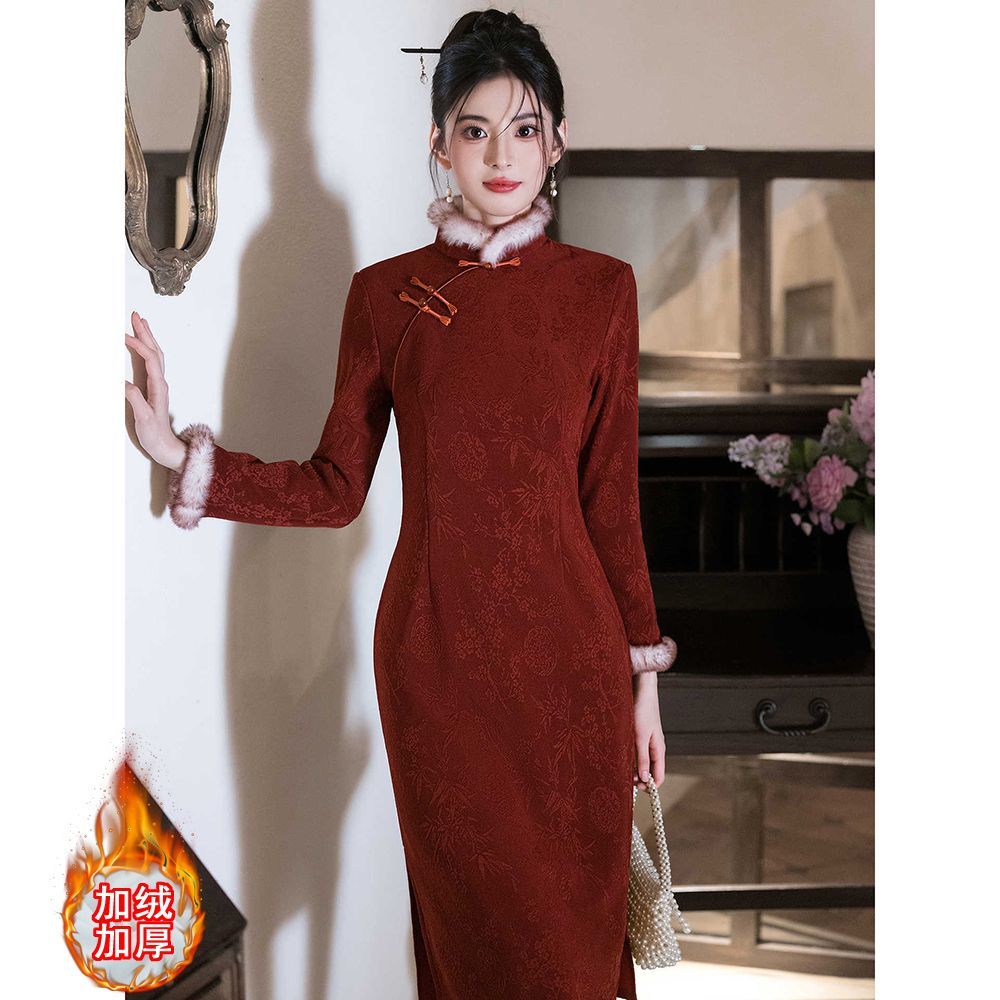 新中式冬季旗袍敬酒服订婚红色