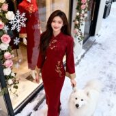 刺绣订婚礼服国风改良连衣裙金梅报喜倒大袖 新中式 红色旗袍女冬装