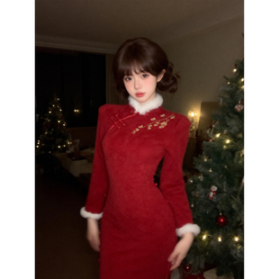 红色秋冬款旗袍刺绣2025新款女高级感小个子年轻款日常可穿连衣裙