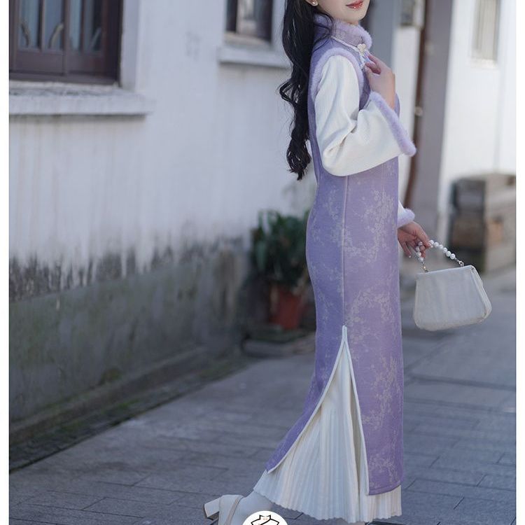 2025年紫色倒大袖旗袍2025冬季