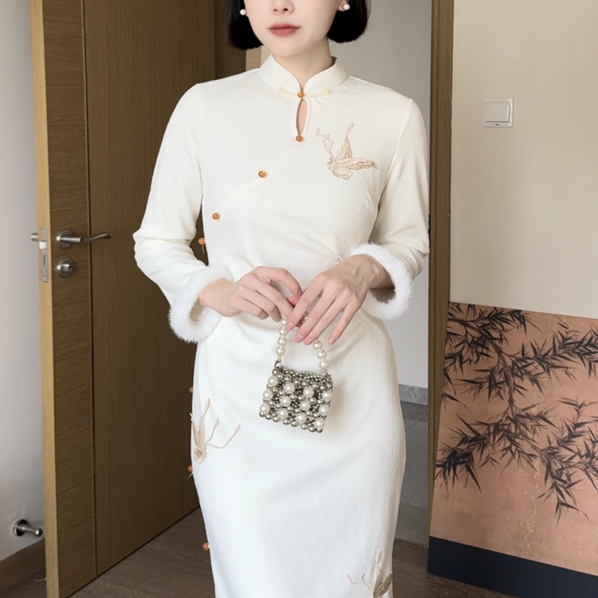 新中式旗袍连衣裙白色秋冬新款冬