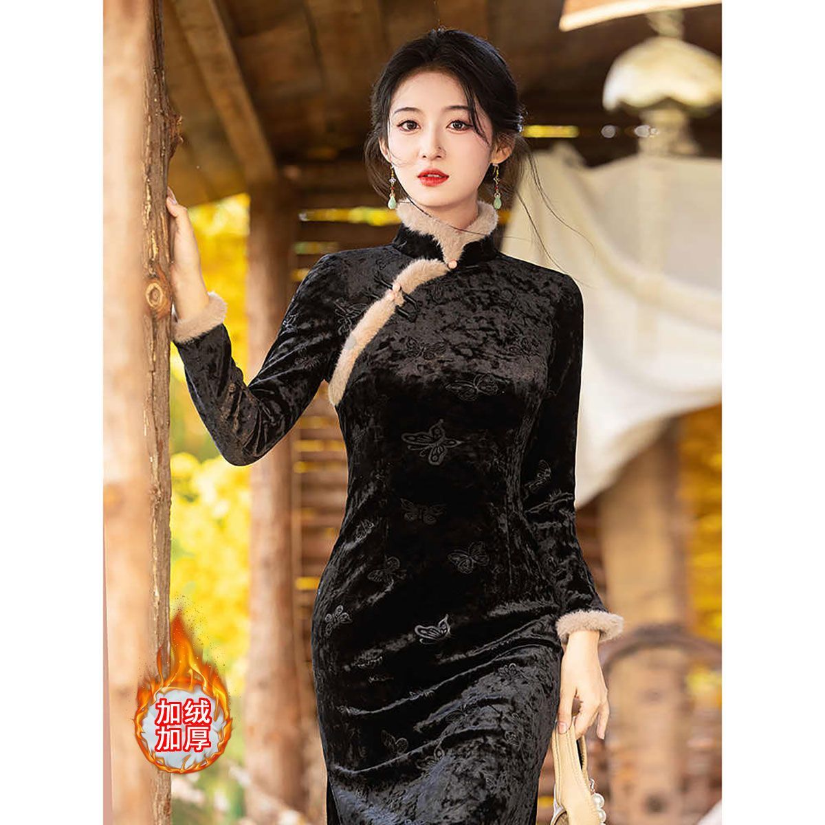 黑色旗袍2025年新款冬天气质年轻