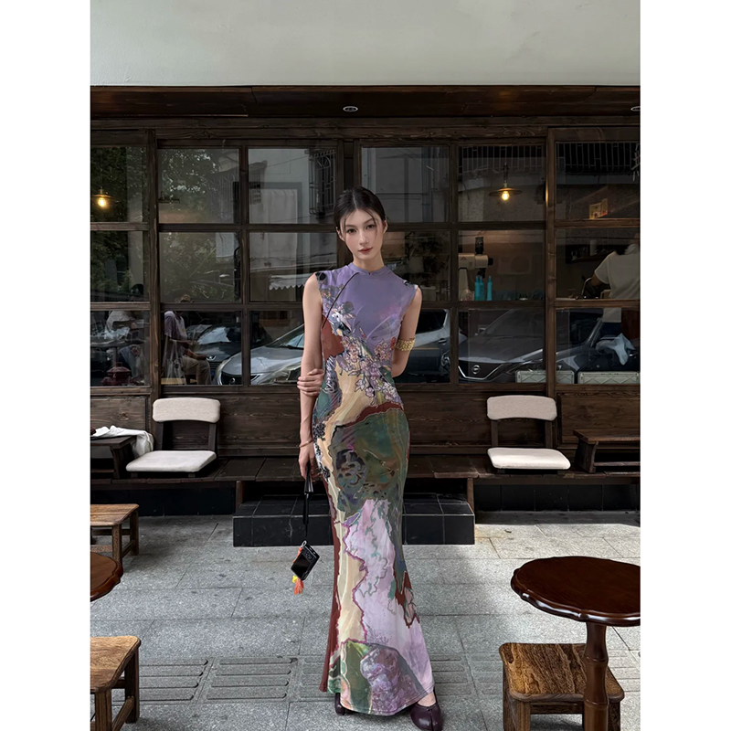 撞色前后两穿印花新中式