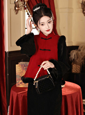 黑色旗袍套装秋冬季加绒厚过年战袍女成人拜年汉服唐装国风马甲袄