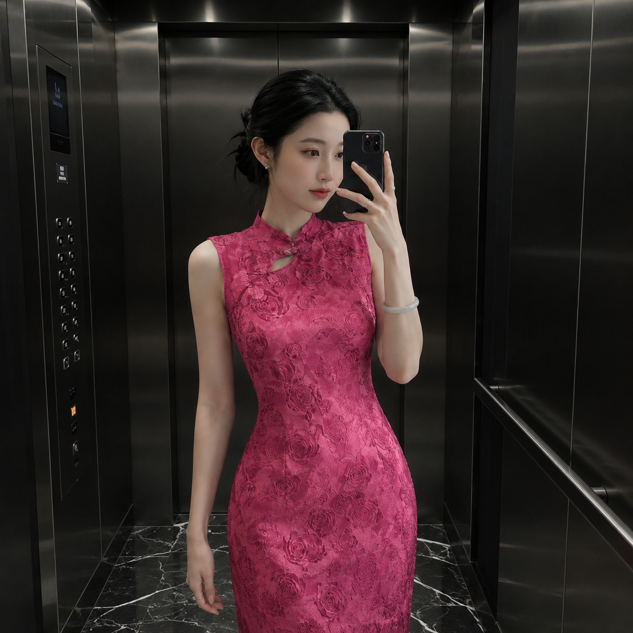 2026夏季新款新中式玫红色玫瑰针织旗袍大方百搭连衣裙女修身显白