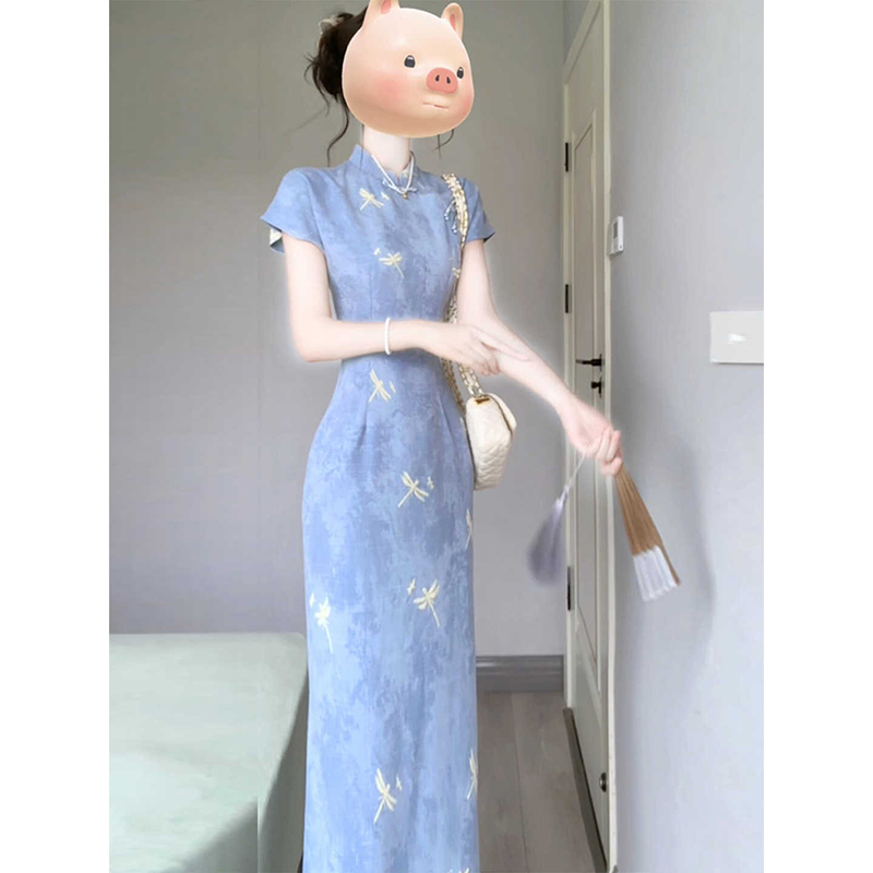 新中式温柔风蓝色改良旗袍连衣裙