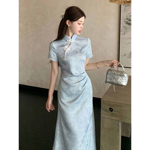 胖mm掐腰开叉裙子 大码 新中式 改良旗袍浅蓝色国风连衣裙2025夏新款