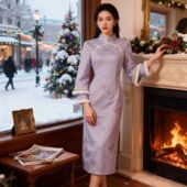 裙子 2025年冬装 旗袍新国风新中式 加绒加厚改良年轻款 紫色绣花修身