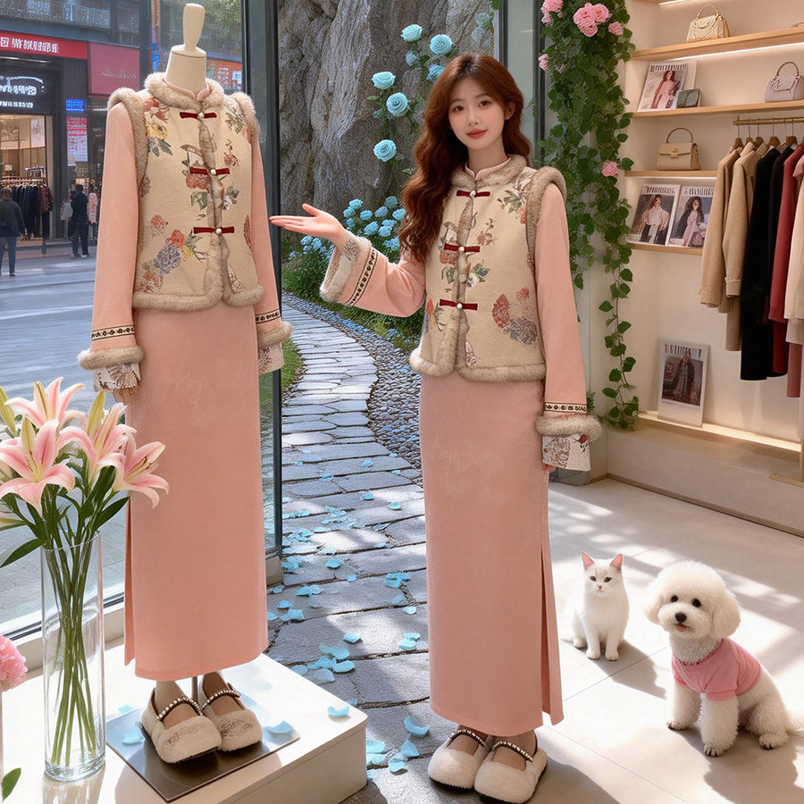 粉色新中式旗袍女2026新款加绒加厚秋冬订婚连衣裙高级感冬款冬装,女装/女士精品,旗袍,淘宝优惠券,粉丝福利购,淘宝优惠卷