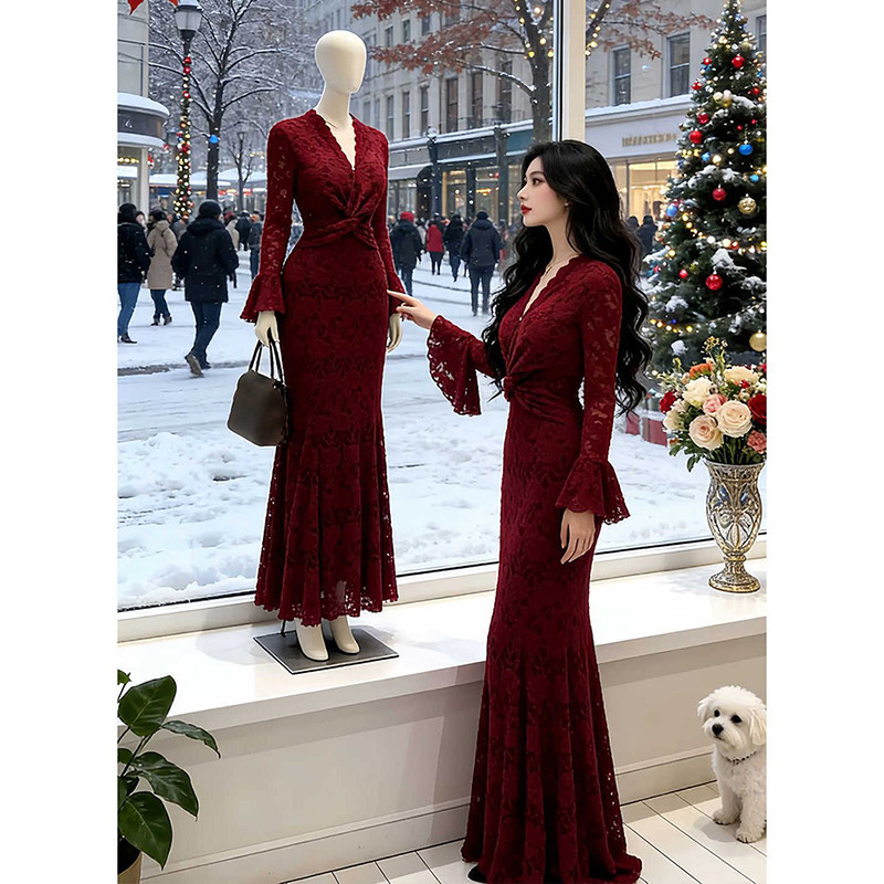 御姐穿搭复古红色v领蕾丝气质连衣裙性感辣妹掐腰小裙子2026春季