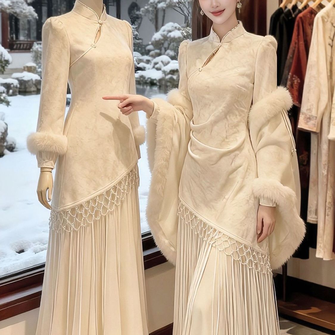 新中式气质加绒加厚流苏连衣裙女