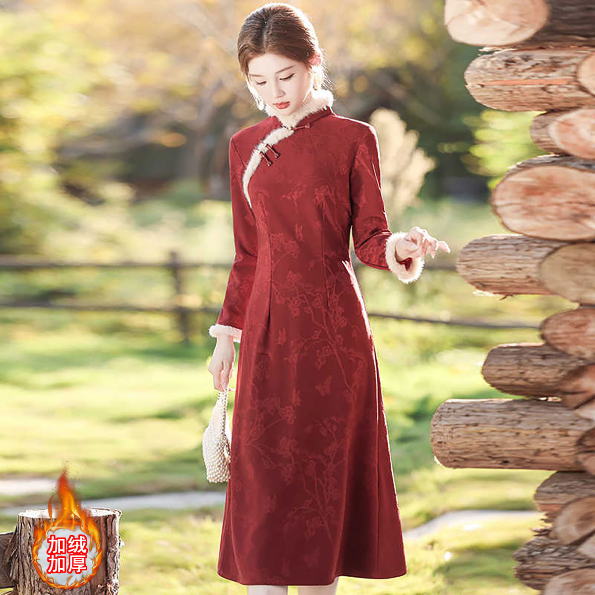 酒红色长袖旗袍2025新款冬装改良