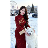 冬刺绣订婚礼服国风改良连衣裙 红色旗袍倒大袖 金梅报喜 新中式