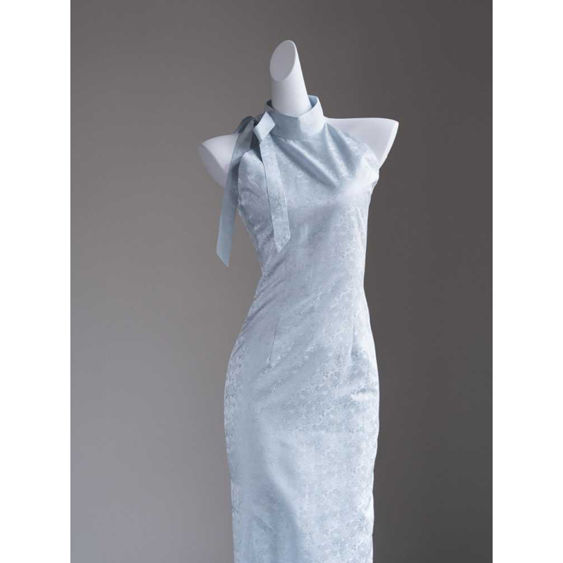 蓝色无袖挂脖连衣裙子女夏季