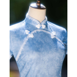 2025春夏新款长款旗袍素色淡雅中式复古旗袍日常可穿蕾丝印花复合