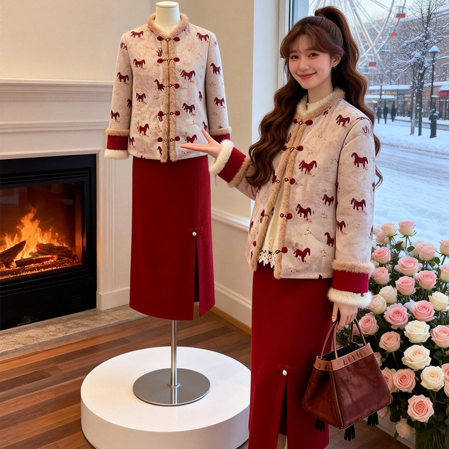 新中式马年红色拜年服套装女2026新年复古刺绣加绒加厚外套半身裙,女装/女士精品,时尚套装,淘宝优惠券,粉丝福利购,淘宝优惠卷