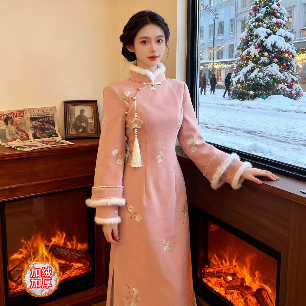 粉色旗袍改良年轻款少女2025新款