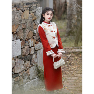 冬季旗袍马甲套装加棉改良女新中式新年汉服唐装过年拜年服女大人