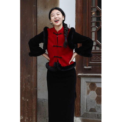 复古长袖套装旗袍连衣裙女冬季