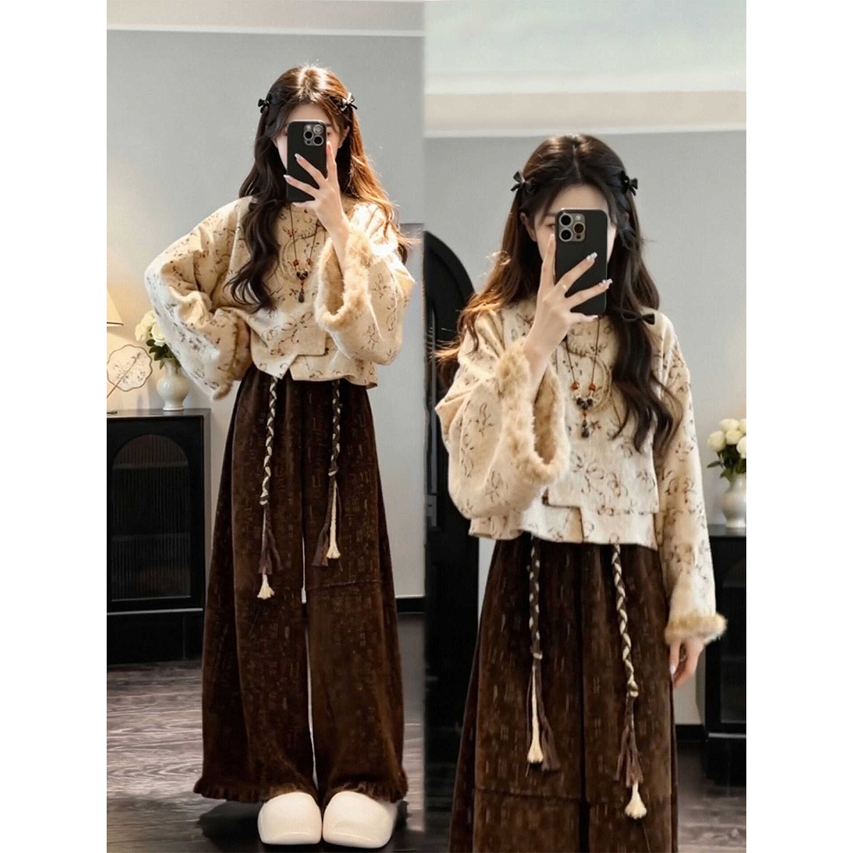 巨好看冬装一整套复古花卉提花新中式保暖夹棉外套阔腿裤两件套女