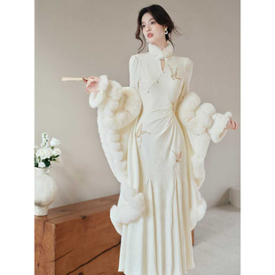 绝美新中式国风改良提花旗袍女秋冬新款鱼尾连衣裙复古风长裙长袖