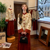 套装 复古新中式 国风提花夹棉外套女秋冬时尚 旗袍连衣裙长裙两件套