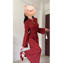 红色气质旗袍长袖连衣裙女2025早秋新中式穿搭冷淡系独特别致裙子