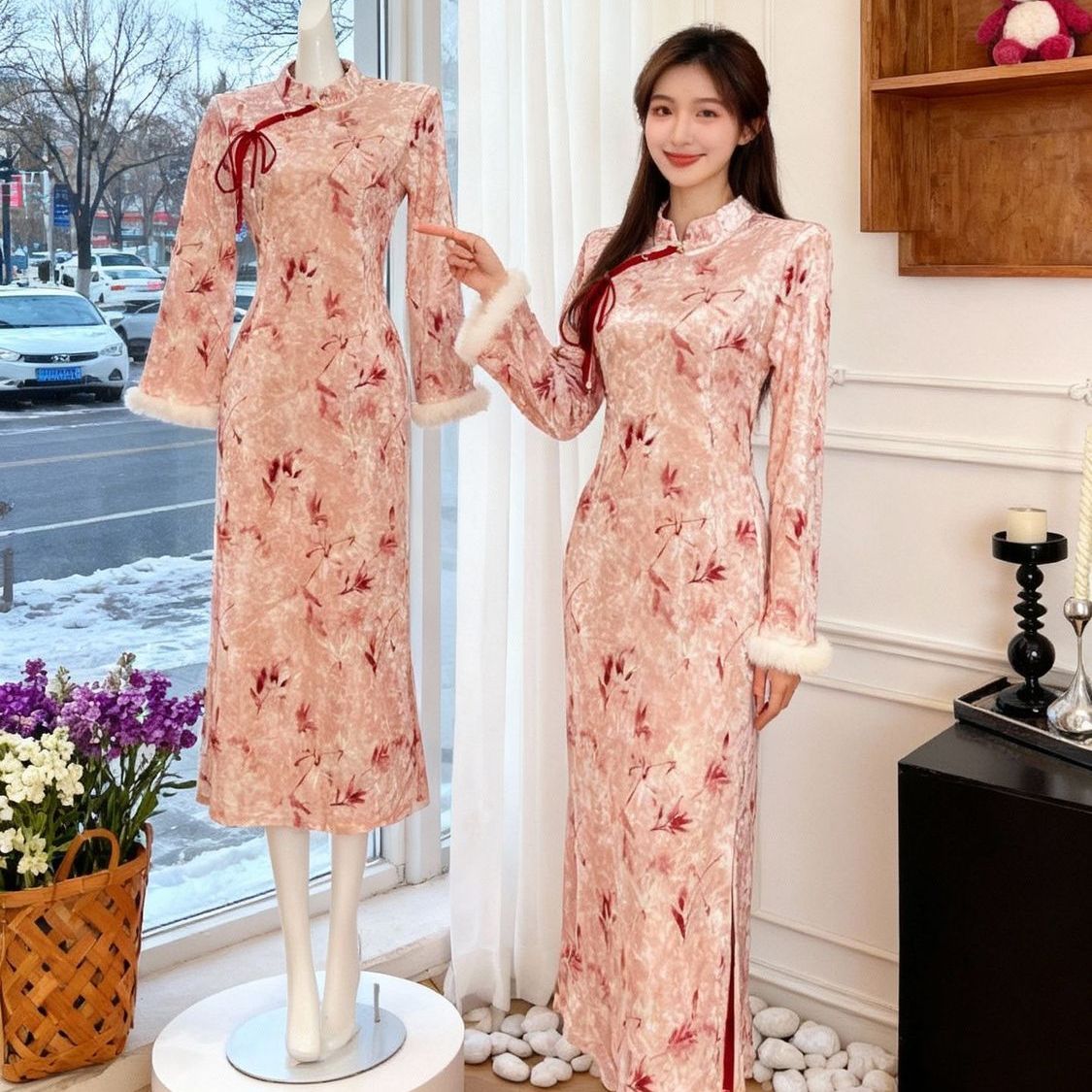 绯烟新中式粉竹叶新中式改良旗袍