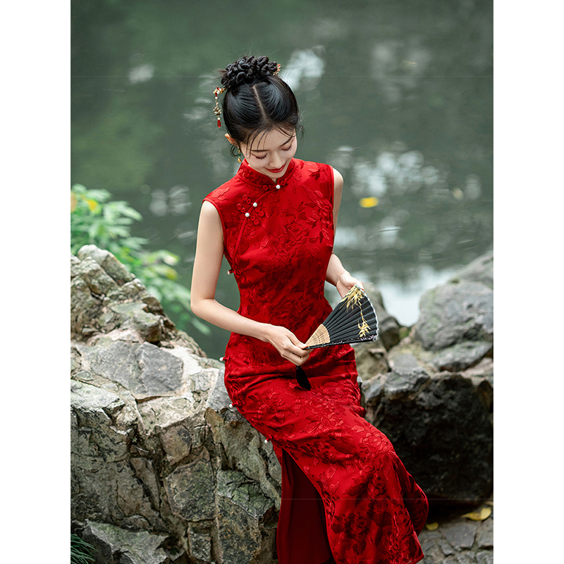 新中式复古红色真丝旗袍女