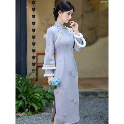 新中式紫色旗袍冬装旗袍加绒加厚